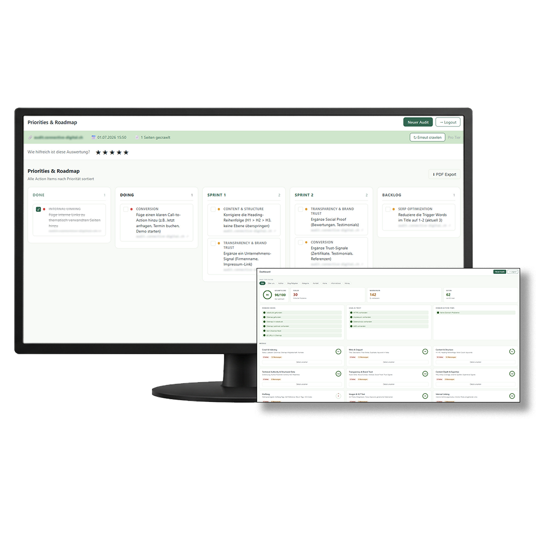 SEO Audit Pro Tool Dashboard: Priorities & Roadmap mit Kanban-Board und Module-Übersicht